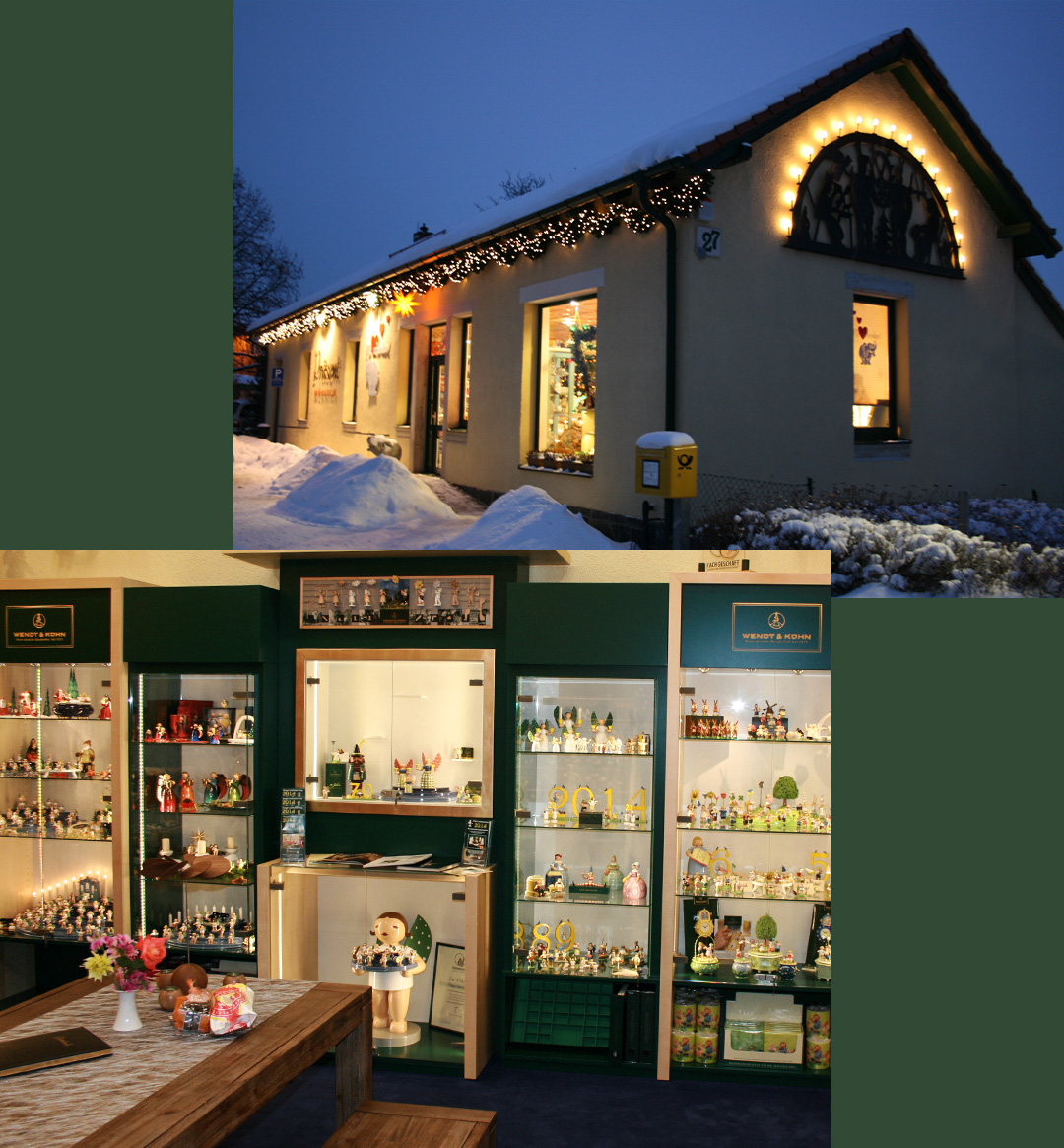 Ladengeschäft von außen bei Nacht und von innen die Regale mit den Engeln