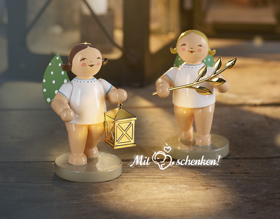 zwei Engel von Wendt und Kühn mit Laterne und Zweig in Gold